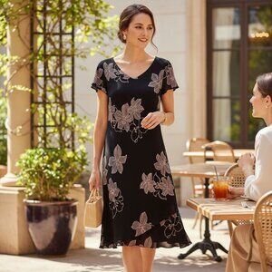 S.L. Fashions Black Floral Midi Dress Size 12 Fully Lined Flutter Sleeve V-Neck